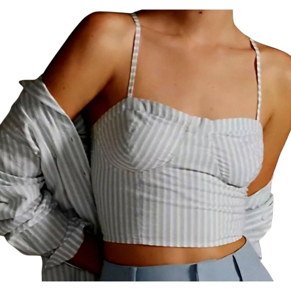 Anthropologie Crop Top Women's Small Green Striped Bustier Cotton Smocked Tank
